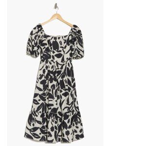 Eliza J Ballon Sleeve Square Neck Modern Floral Midi Dress Black/Ivory Size 10